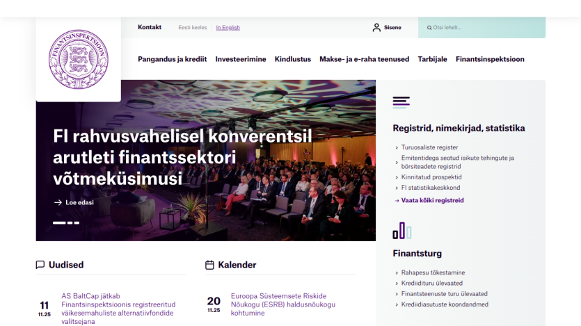 Financial sector conference discussion headline with navigation and recent news on Estonian Financial Supervision Authority site