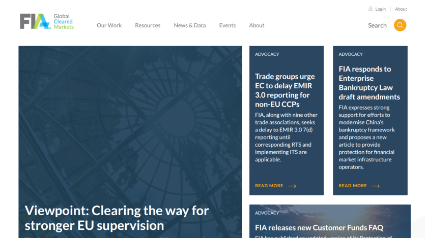 FIA Global Cleared Markets homepage with EU supervision viewpoint and advocacy news articles