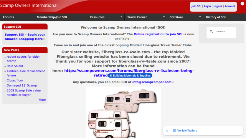 Homepage of Scamp Owners International with welcome message and links to forums.