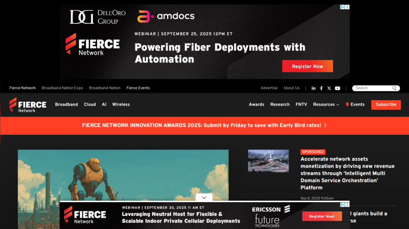 Fierce Network homepage featuring news and event highlights on fiber deployments.