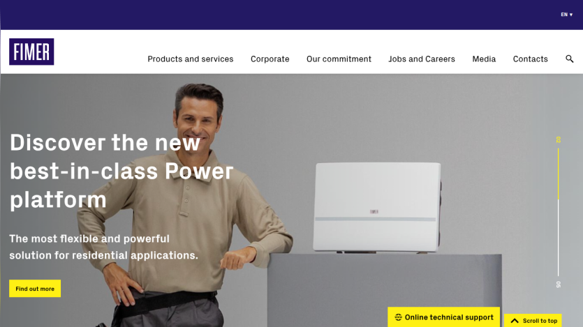 Homepage featuring a man presenting a power platform device with navigation menu and call to action