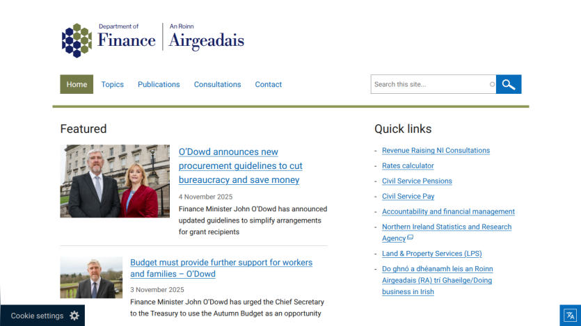 Department of Finance homepage with news on procurement guidelines and budget support, plus quick links and search