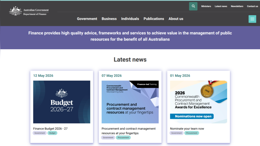 Australian Government Finance website displaying latest news and budget information.