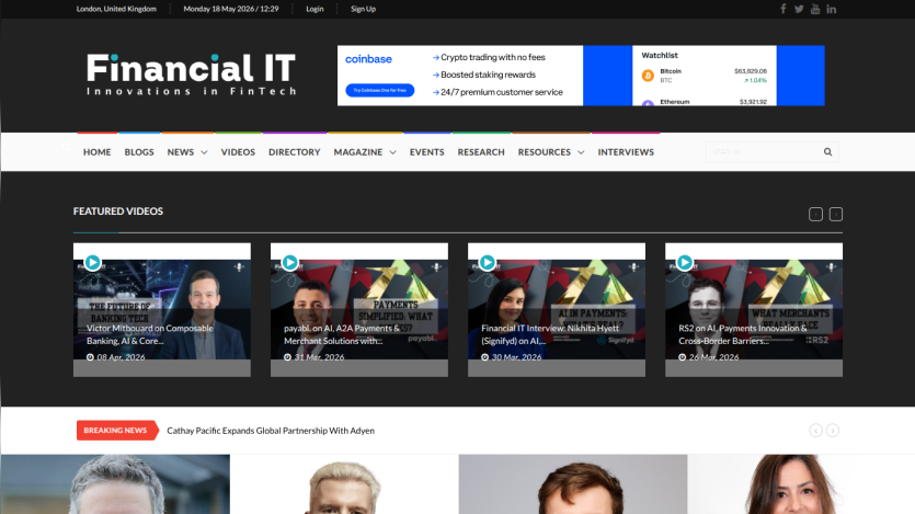 Financial IT homepage featuring navigation links and highlighted videos.