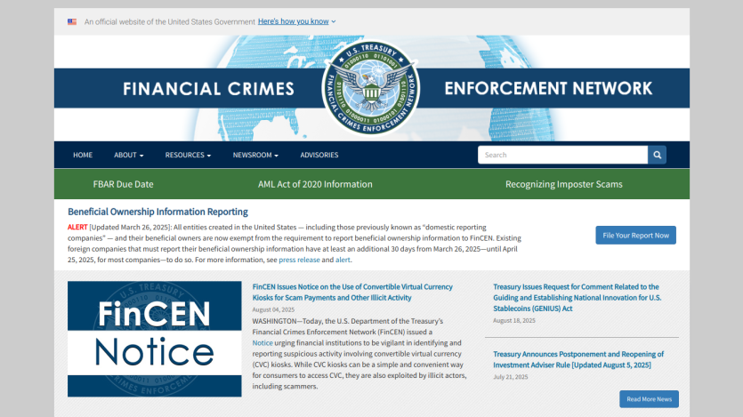 FinCEN website homepage with information on financial crimes and reporting.