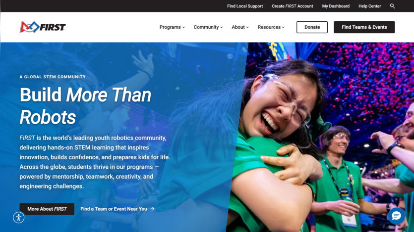 FIRST youth robotics community promoting STEM learning, teamwork, and innovation with smiling students celebrating