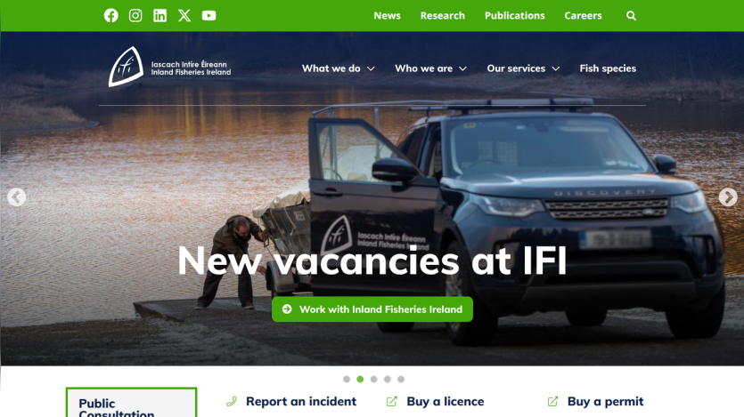 Inland Fisheries Ireland website with headline about new vacancies and a call to work with them, showing a vehicle and person by water