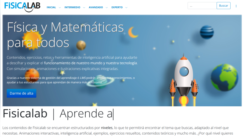 Fisicalab homepage offering physics and math content with AI tools, simulations, and exercises for all levels