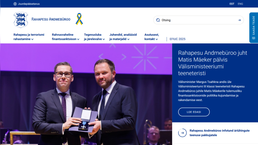 Rahapesu Andmebüroo website showing news about Matis Mäeker receiving a Foreign Ministry service medal.