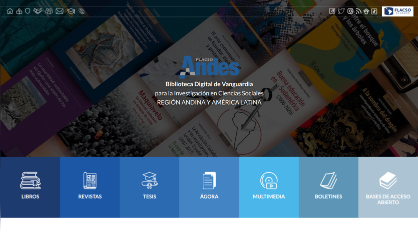Homepage of Biblioteca Digital Universidad de los Andes with navigation icons for books, magazines, theses, agenda, multimedia, and bookmarks.