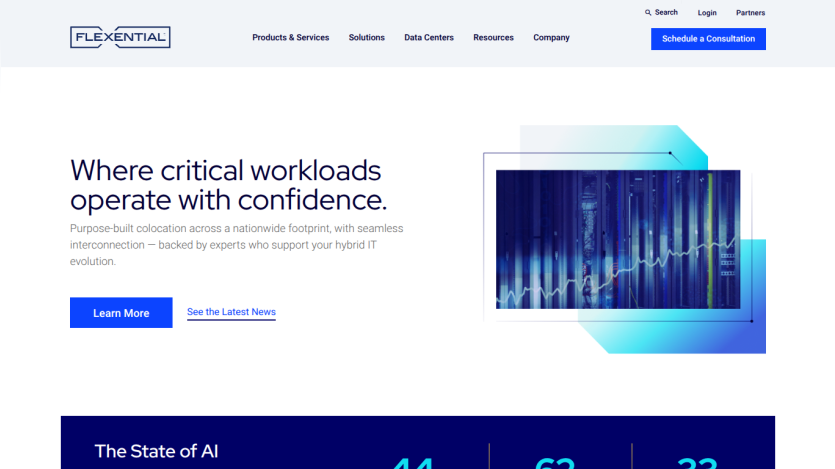 Flexential homepage with headline about critical workloads, colocation services, and navigation menu