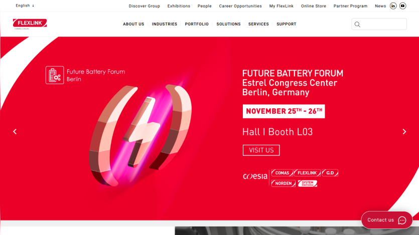 FUTURE BATTERY FORUM event details with date, location, and booth info on a red background