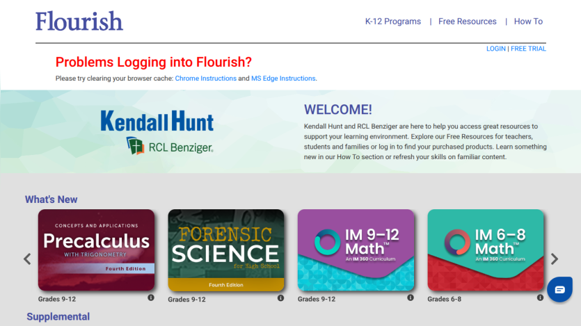 Homepage of Flourish featuring welcome message and course options for various subjects.