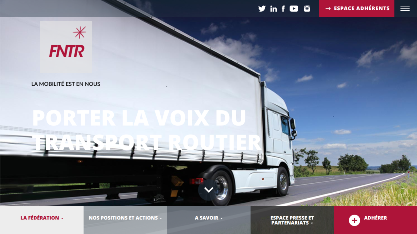 FNTR website promoting road transport with a truck image and navigation menu