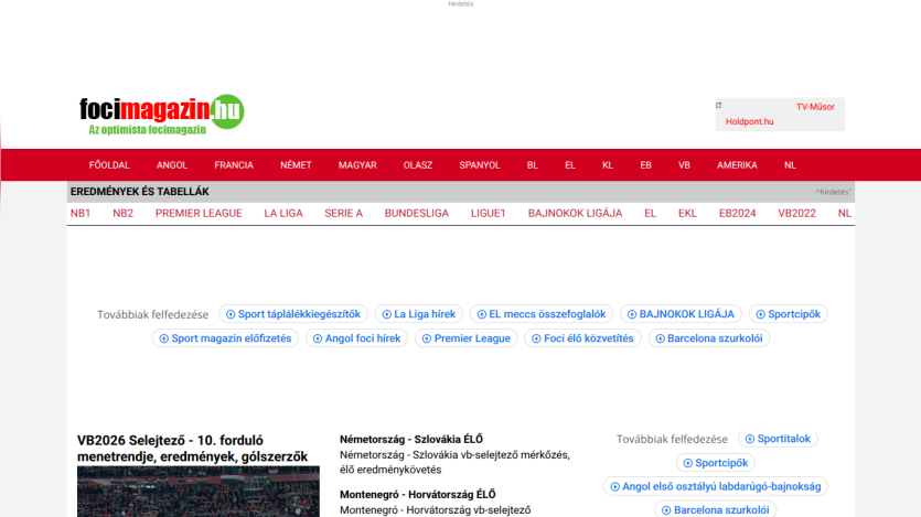 Hungarian football magazine homepage with navigation menu and football match schedules and results