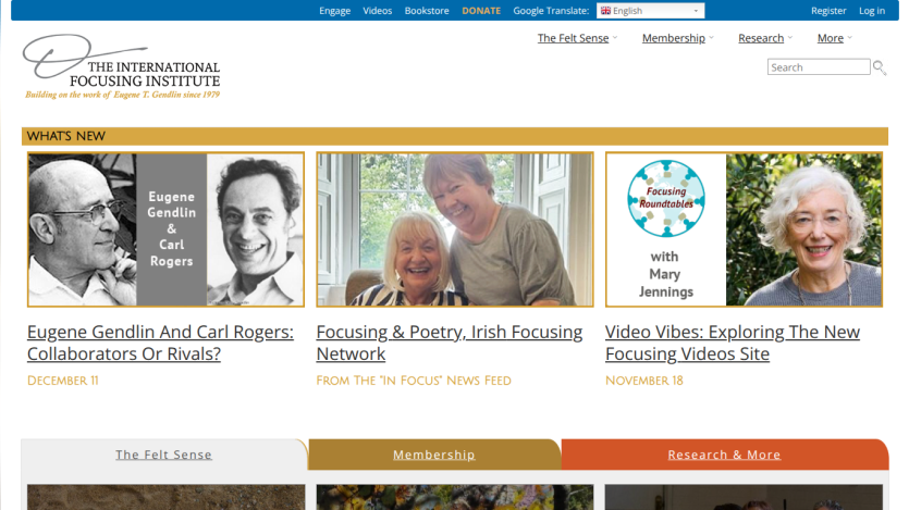 The International Focusing Institute homepage featuring news articles on Eugene Gendlin, Irish Focusing Network, and new video site.