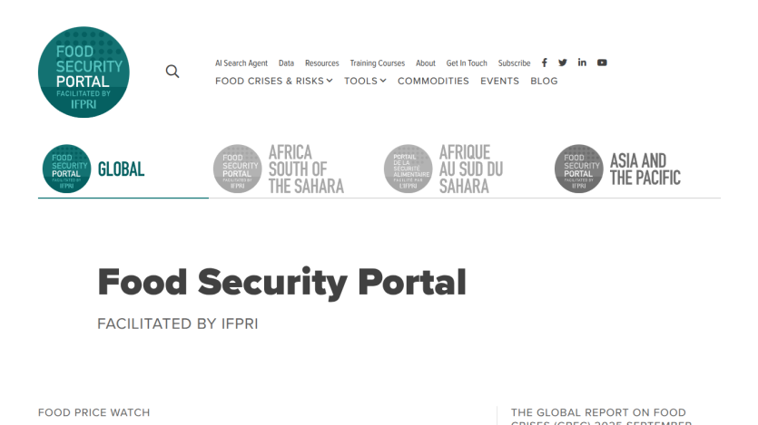 Food Security Portal homepage with navigation menu and regional sections, facilitated by IFPRI