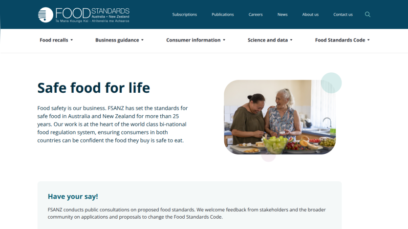 Website section promoting food safety standards with a headline and image of two people preparing food.