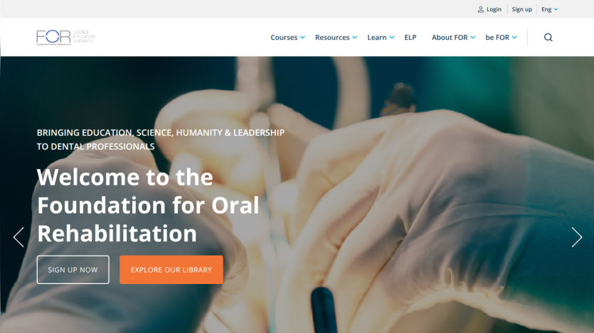 Foundation for Oral Rehabilitation homepage with navigation and call to action buttons for sign up and library exploration