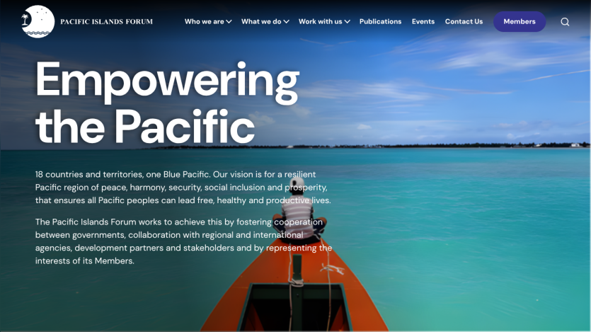 Pacific Islands Forum homepage with navigation and mission statement about empowering the Pacific region