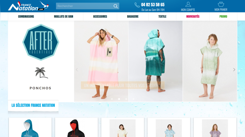 Homepage showcasing swimwear products with promotional text.