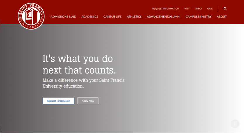 Saint Francis University homepage with navigation and call to action to request information or apply