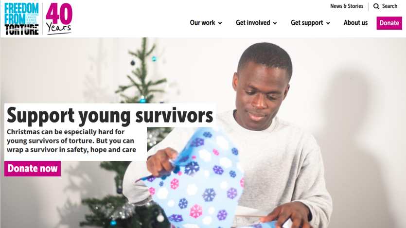 Support young survivors campaign with a man wrapping a gift and a donate now button