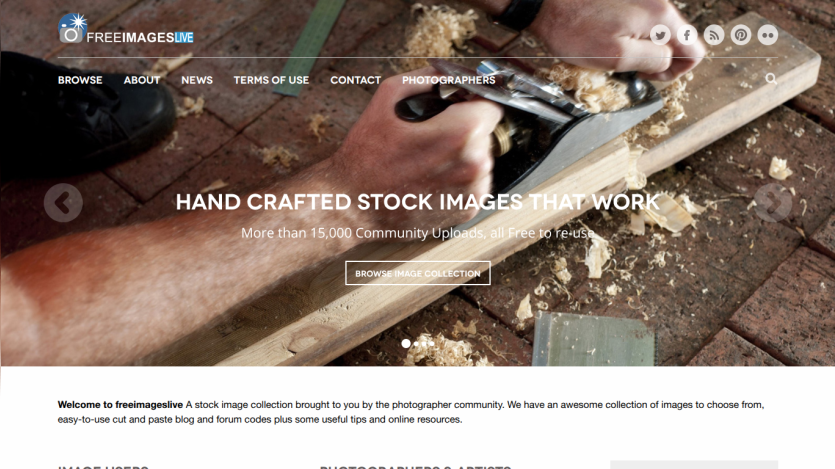 Stock image website offering over 15,000 free community-uploaded handcrafted images with navigation and social icons