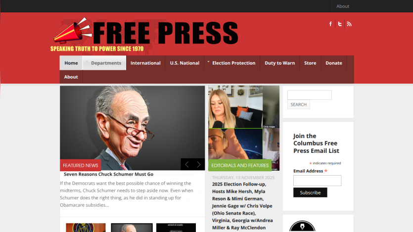 Free Press website with headline on Chuck Schumer and election follow-up editorials, navigation menu, and subscription form