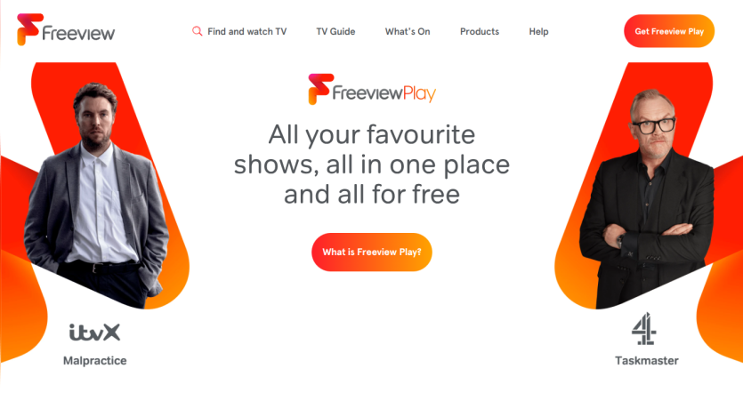 Homepage of Freeview Play showcasing TV shows available for free.