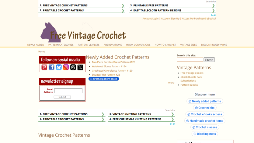 Free Vintage Crochet website with navigation, search, social media links, newsletter signup, and lists of crochet patterns