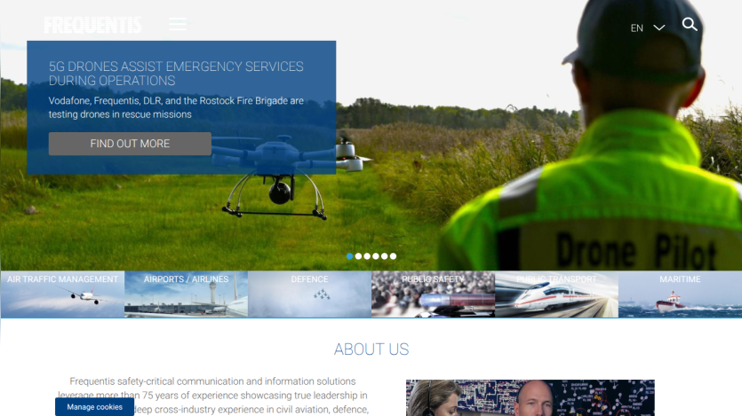Website hero section about 5G drones assisting emergency services with navigation and language options