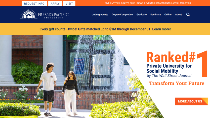 University homepage highlighting #1 ranking for social mobility with call to action button