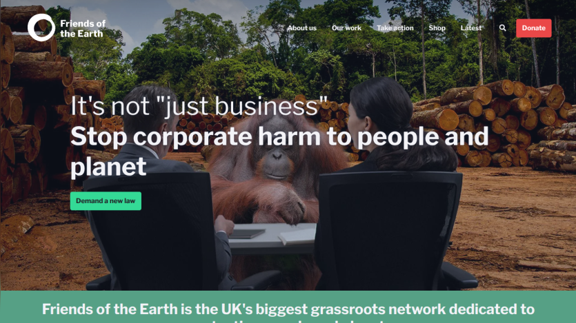 Homepage of Friends of the Earth featuring a message about corporate harm to people and planet.