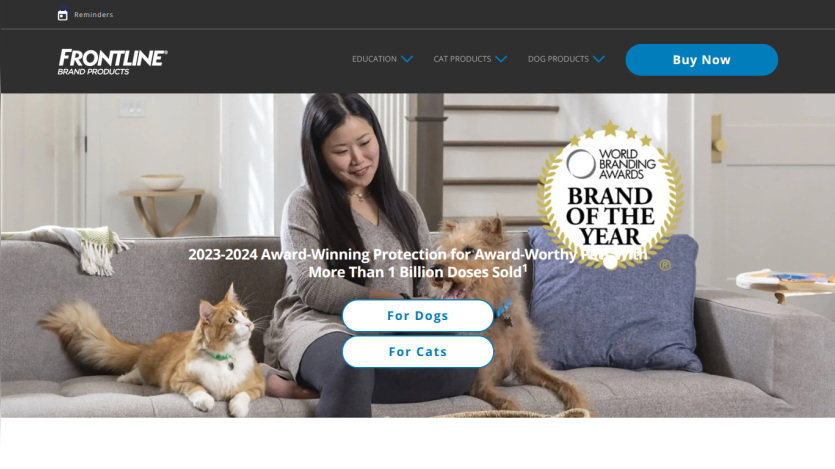 Frontline Brand Products homepage with award announcement and buttons for dog and cat products