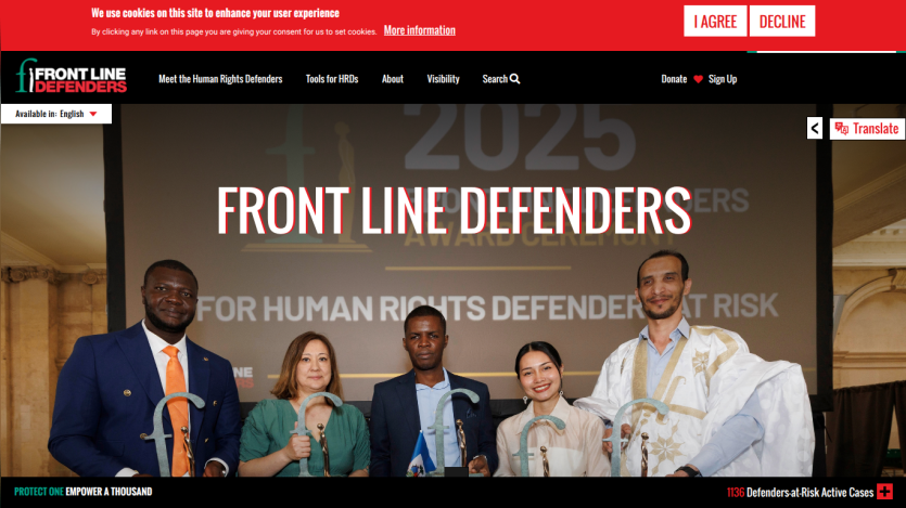 Front Line Defenders website featuring a group of individuals advocating for human rights.