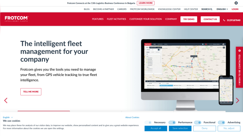 Homepage of a fleet management company showing headline, description, call-to-action button, and device mockups with maps and data.