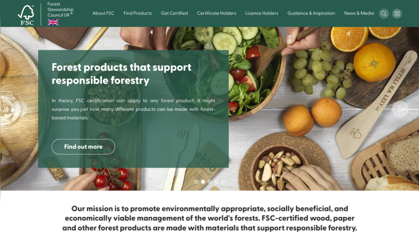 Forest Stewardship Council UK homepage promoting responsible forestry with navigation and a hero image of food and wooden utensils.