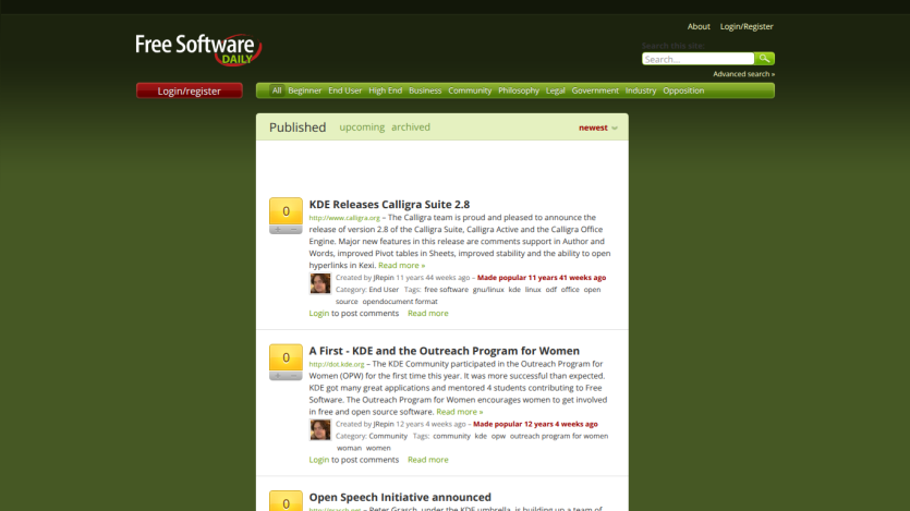 List of published articles on free software updates and initiatives.