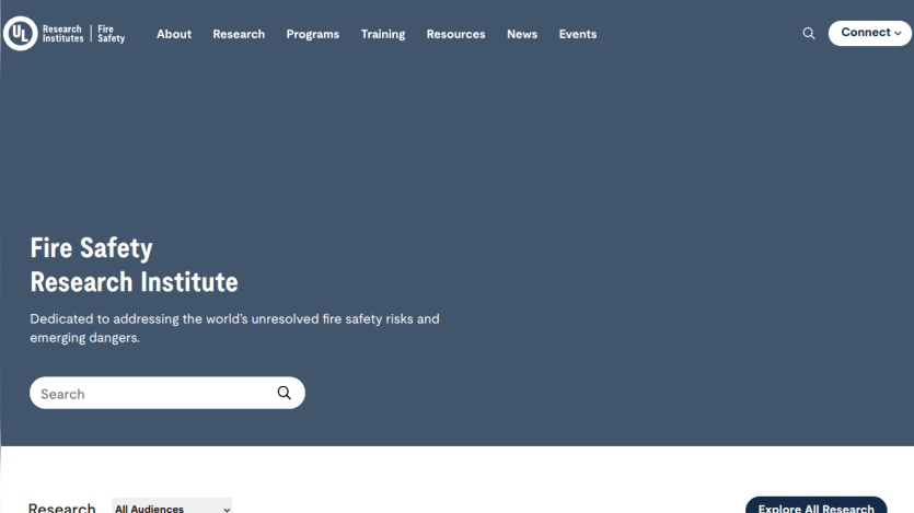 Fire Safety Research Institute homepage with navigation menu and search bar, dedicated to addressing fire safety risks