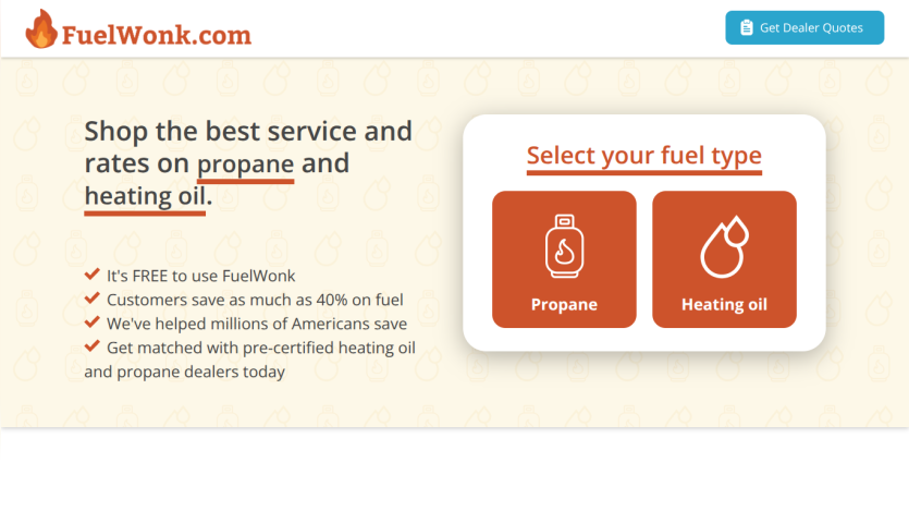 Homepage for FuelWonk offering propane and heating oil services with selection options.