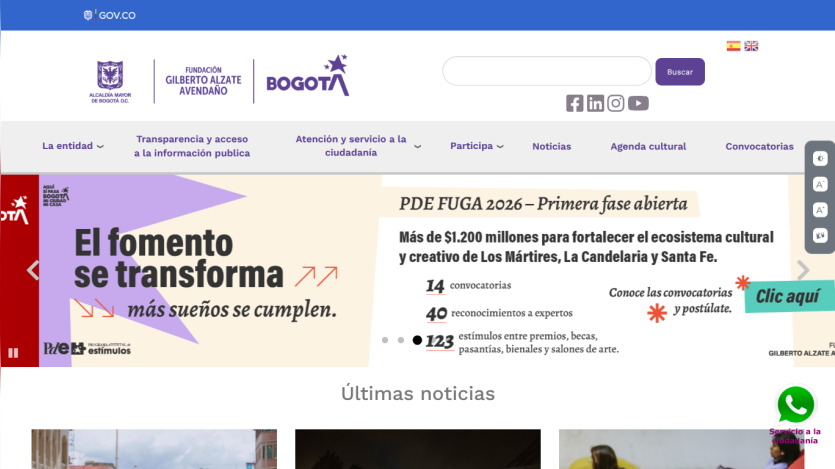 Homepage of Bogotá's cultural and tourism initiative with key announcements and links.
