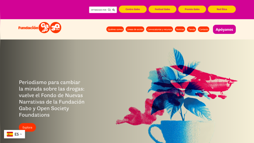 Fundación Gabo website with navigation and hero featuring a talk on manipulating democracy in the digital era.