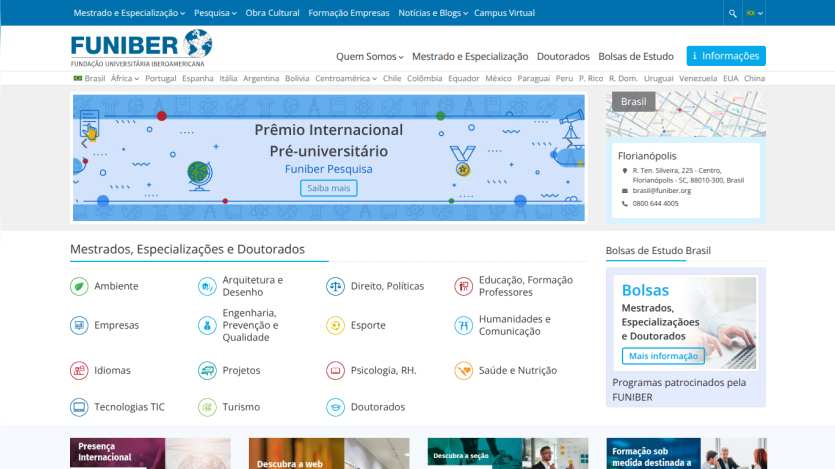 FUNIBER university foundation homepage with international pre-university award banner and academic program categories