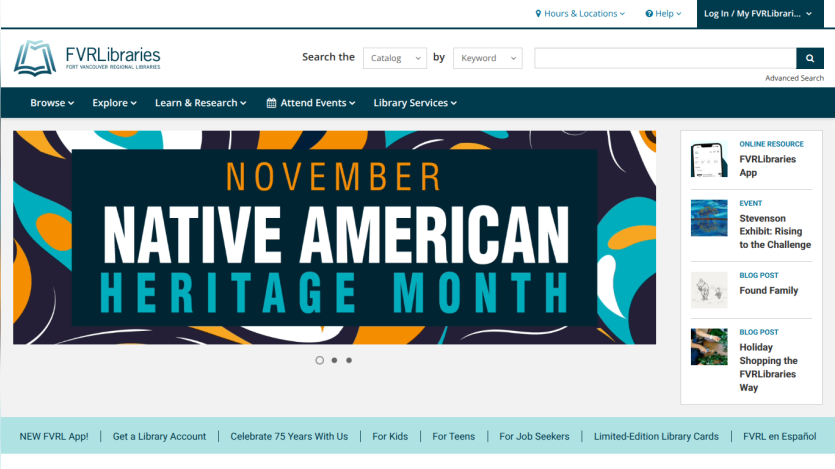 Fort Vancouver Regional Libraries homepage featuring November Native American Heritage Month banner and navigation menu