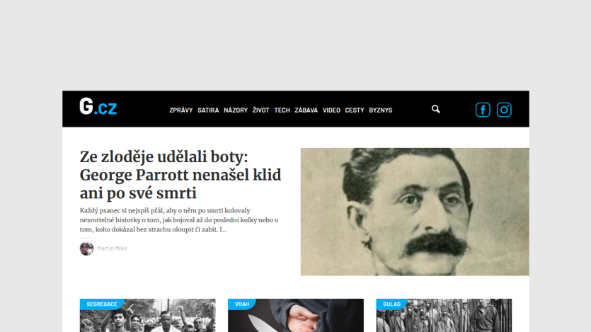 News article about George Parrott with headline, author, and historical photo on a Czech news site