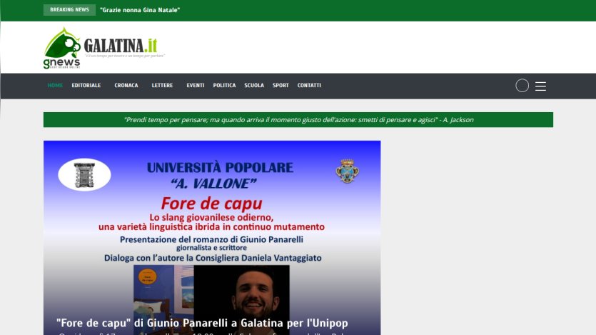 Galatina.it news site with headline on 'Fore de capu' book presentation by Giunio Panarelli and navigation menu