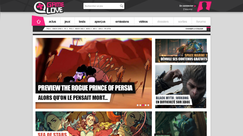 Gaming website homepage featuring articles and previews for various games.