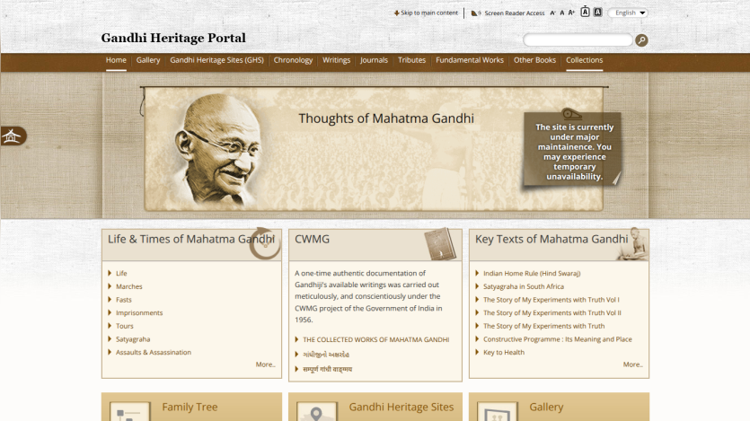Homepage of Gandhi Heritage Portal featuring sections on Gandhi's life and key events.