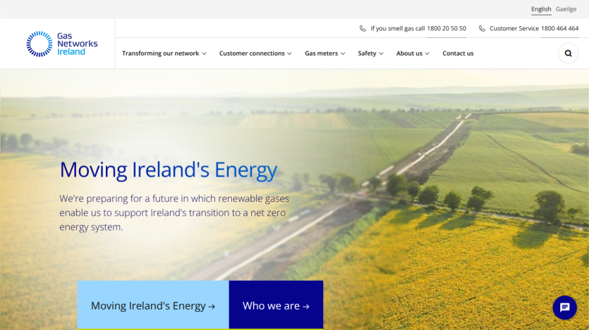 Gas Networks Ireland homepage with navigation and message about supporting Ireland's transition to net zero energy
